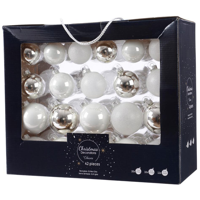 Decoris Glas Kerstballen Mix Doos 42 Stuks - Wit Zilver