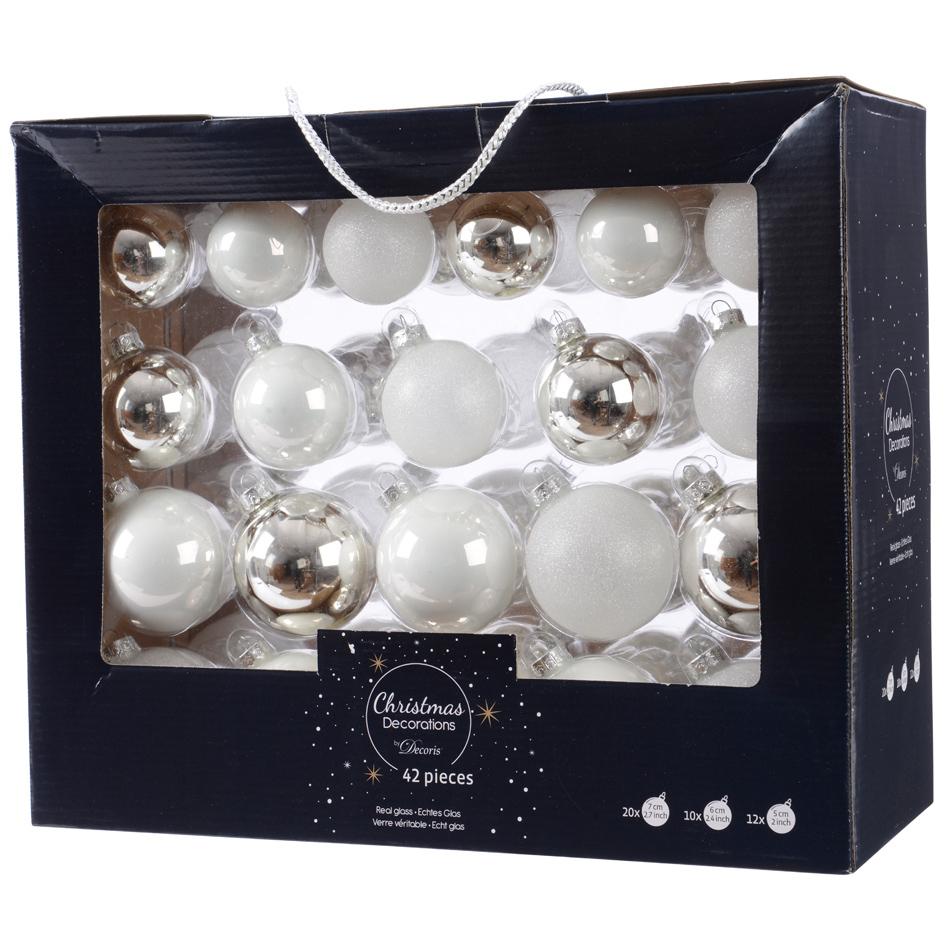 Decoris Glas Kerstballen Mix Doos 42 Stuks - Wit Zilver
