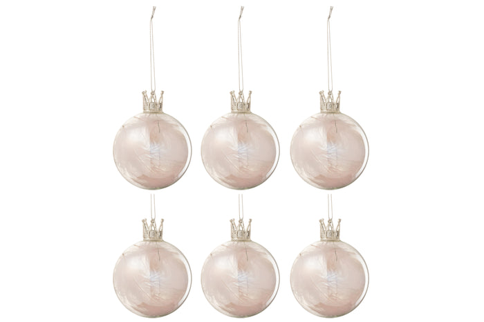 J-Line Kerstballen Kroon Pluim Roze Small Set van 6