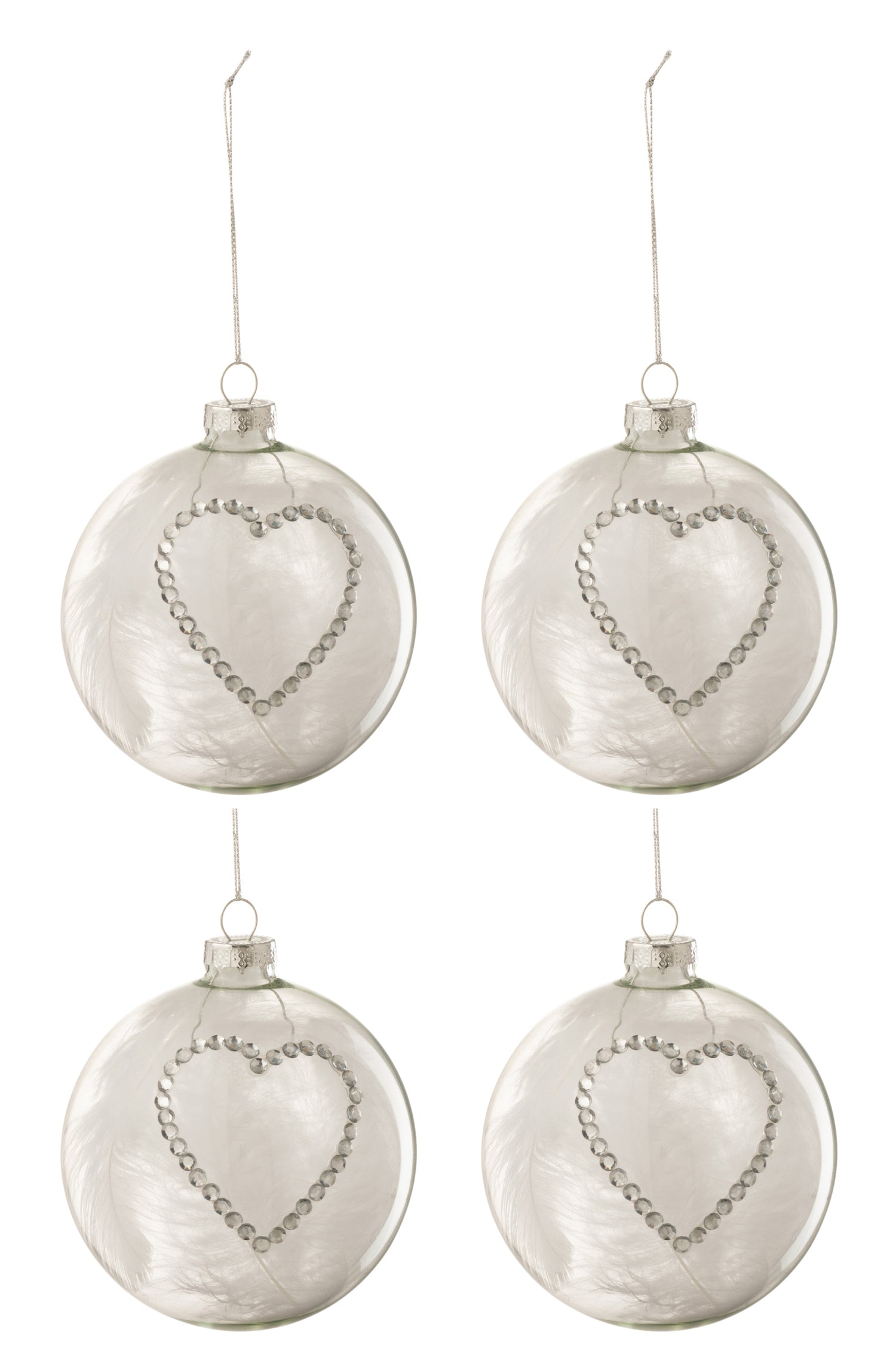 J-Line Kerstballen Hart Strass Zilver Large Set van 4