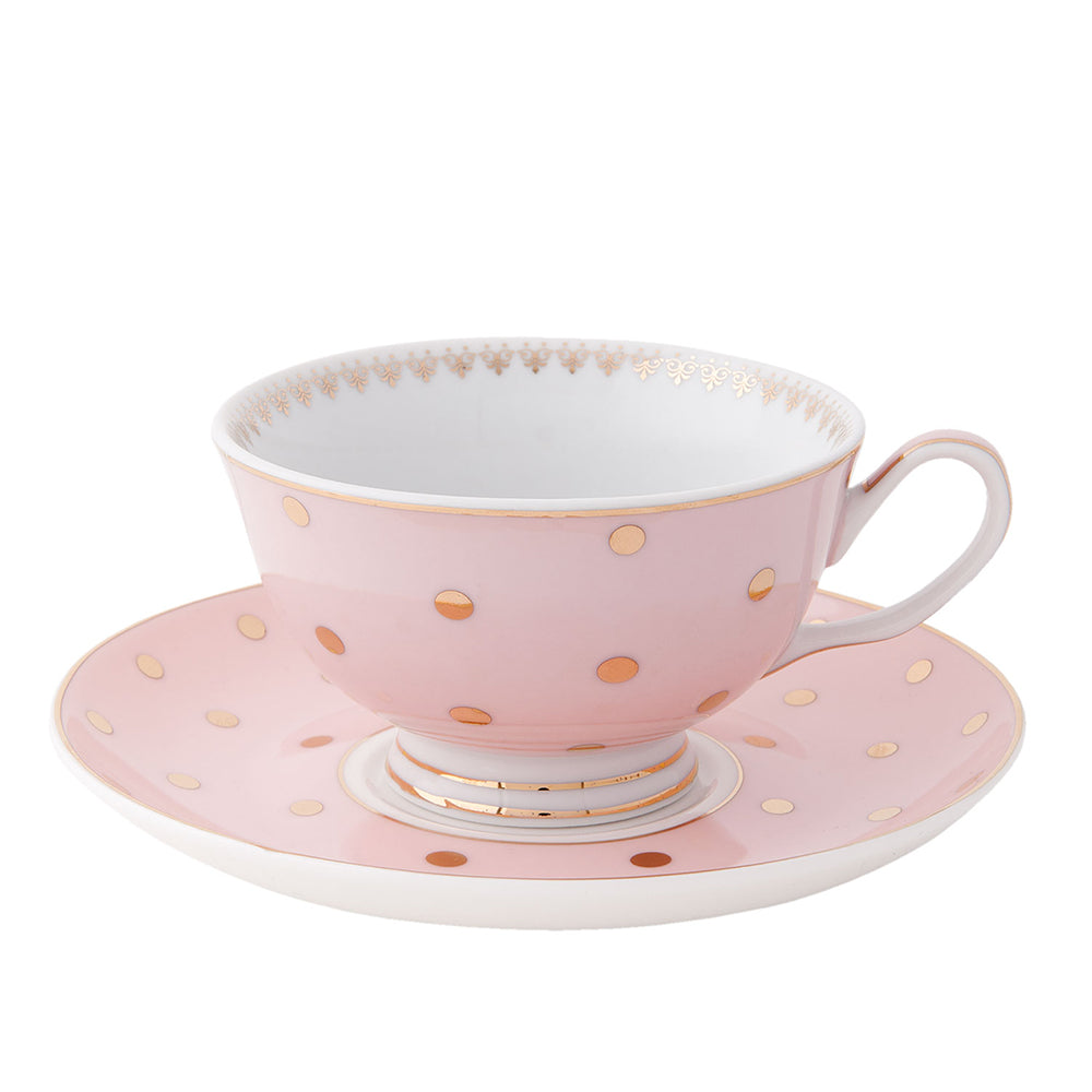 Clayre & Eef Kop en schotel 120 ml Roze Porselein Rond Stippen Servies