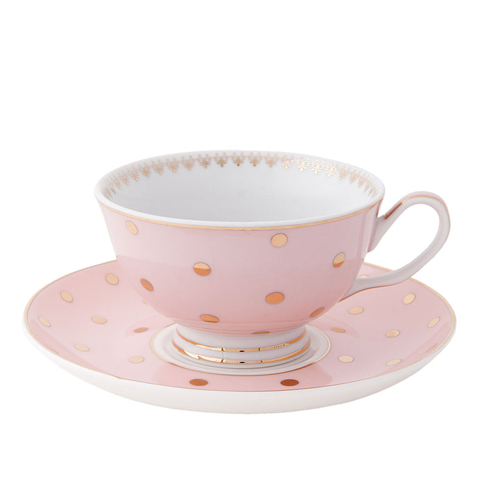 Clayre & Eef Kop en schotel 120 ml Roze Porselein Rond Stippen Servies