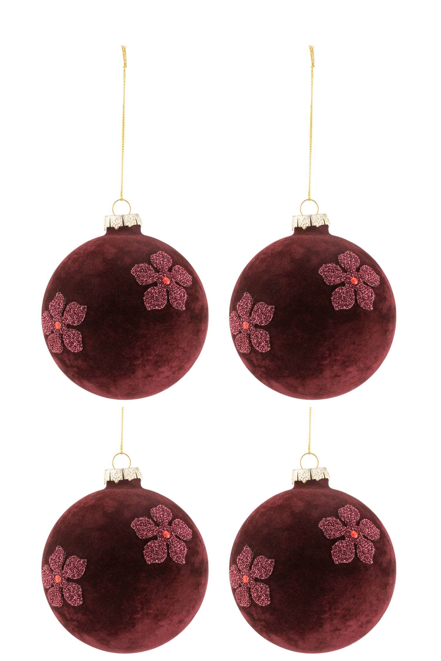 J-Line Kerstballen Bloemen Fluweel Bordeaux Medium Set van 4