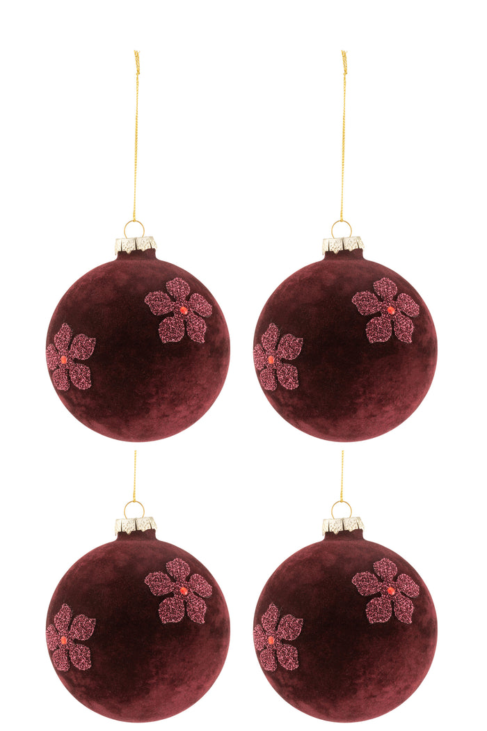 J-Line Kerstballen Bloemen Fluweel Bordeaux Medium Set van 4