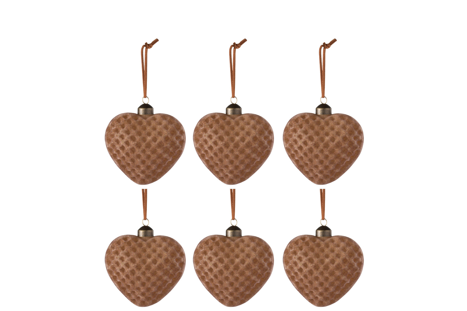 J-Line Kerstballen Hart Fluweel Bruin Set van 6
