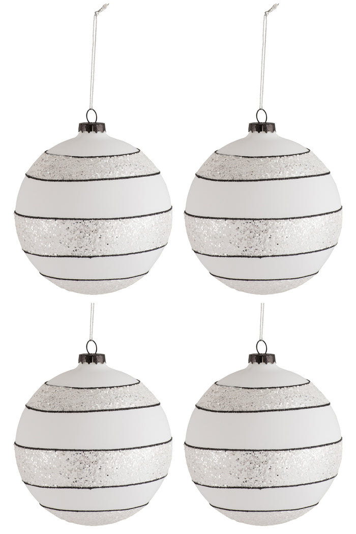 J-Line Kerstballen Strepen Glitters Zwart Wit Set van 4