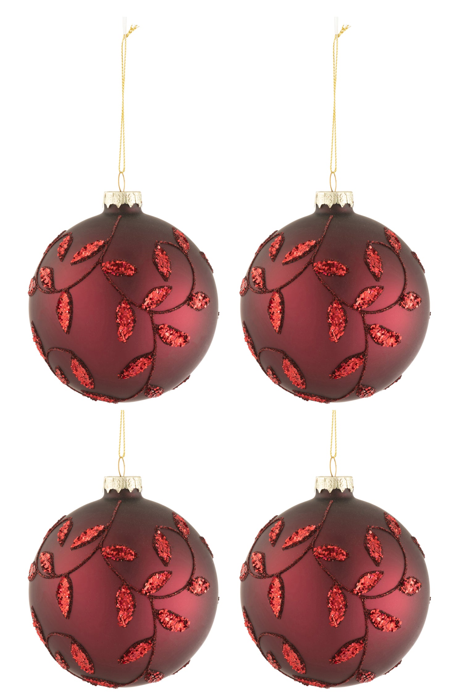 J-Line Kerstballen Glitter Blaadjes Rood Medium Set van 4