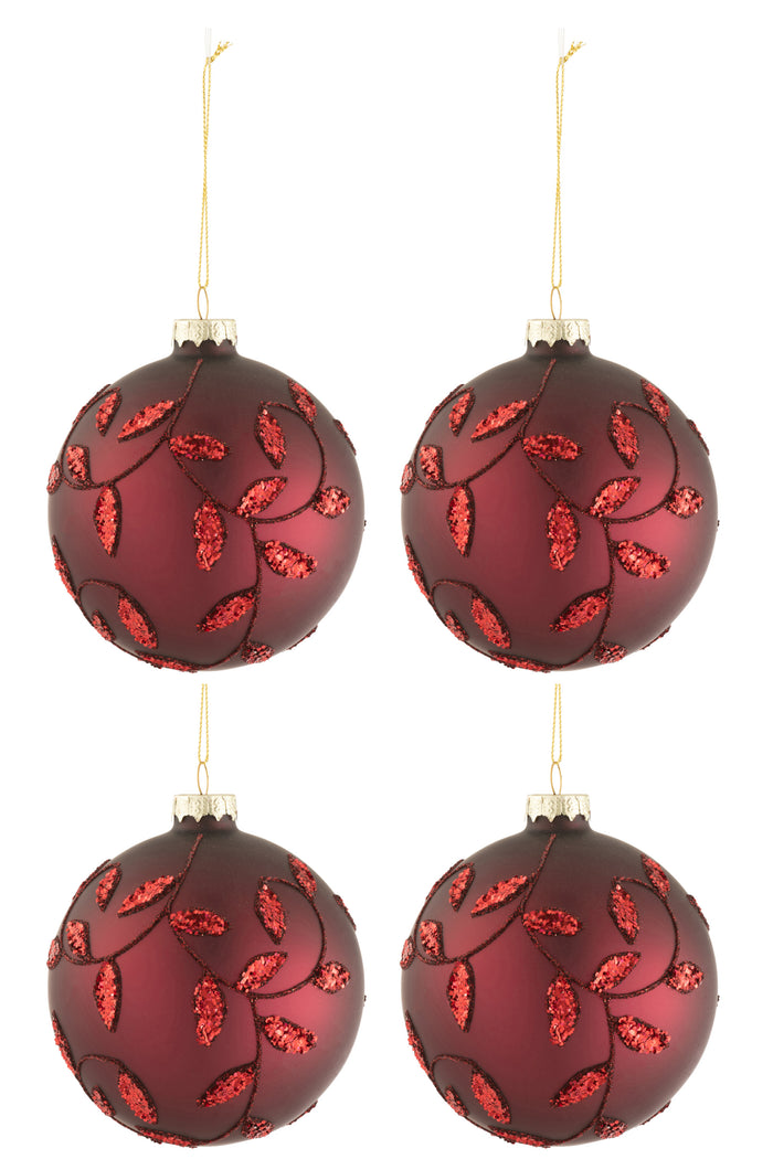 J-Line Kerstballen Glitter Blaadjes Rood Medium Set van 4