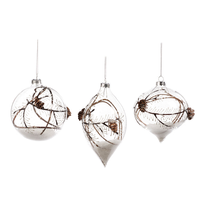 Goodwill Kerstbal Dennenappeltje Glas-Bruin-Wit 10 cm  Per 3 stuks