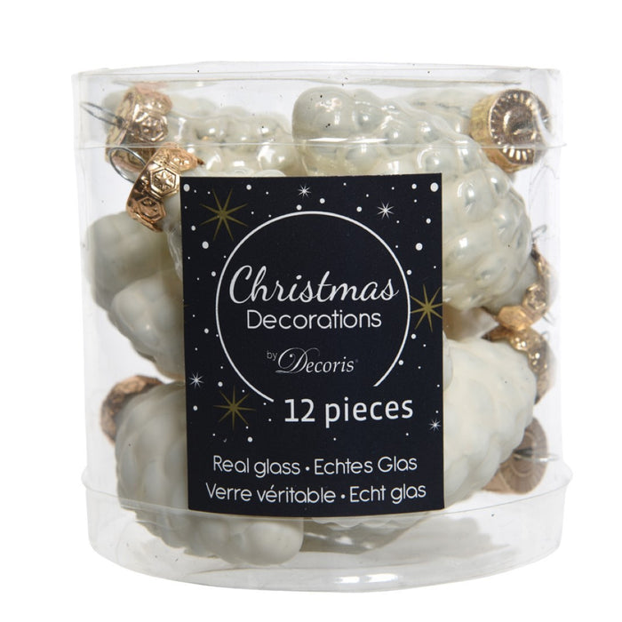 Decoris 2 stuks 12 Glazen dennenappels 40 mm wol wit