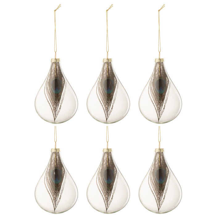J-Line Kerstballen Pauwenveer Small Set van 6