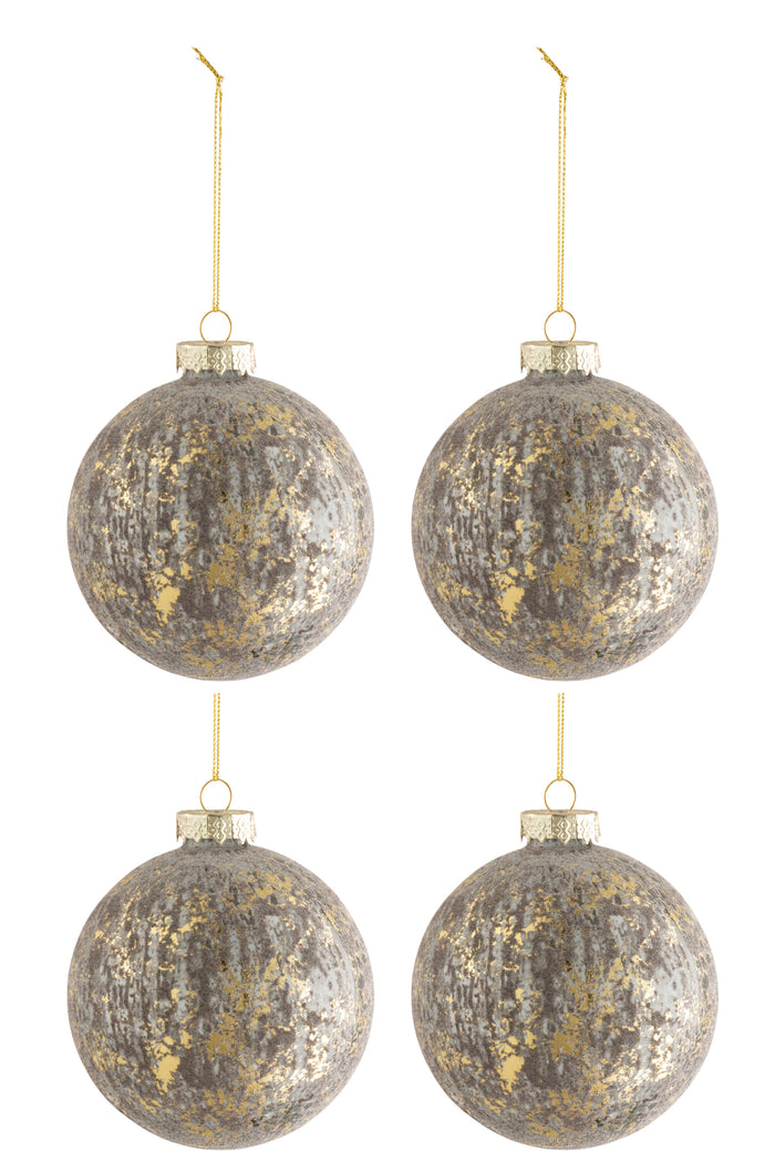 J-Line Kerstballen Fluweel Grijs Goud Medium Set van 4