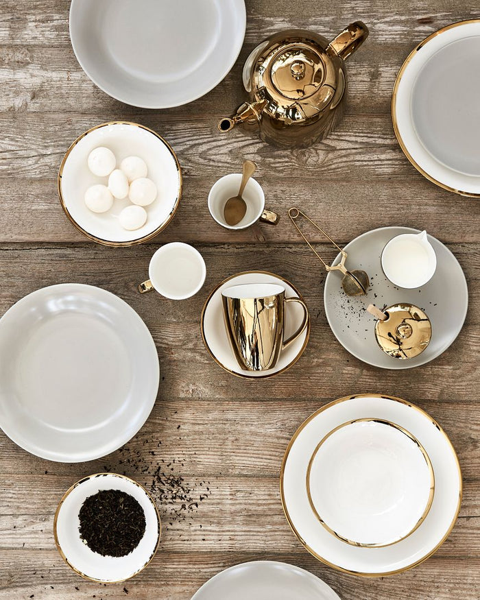 vtwonen Borden - Set van 2 - Wit|Goud - Porselein - Ø 25.5cm