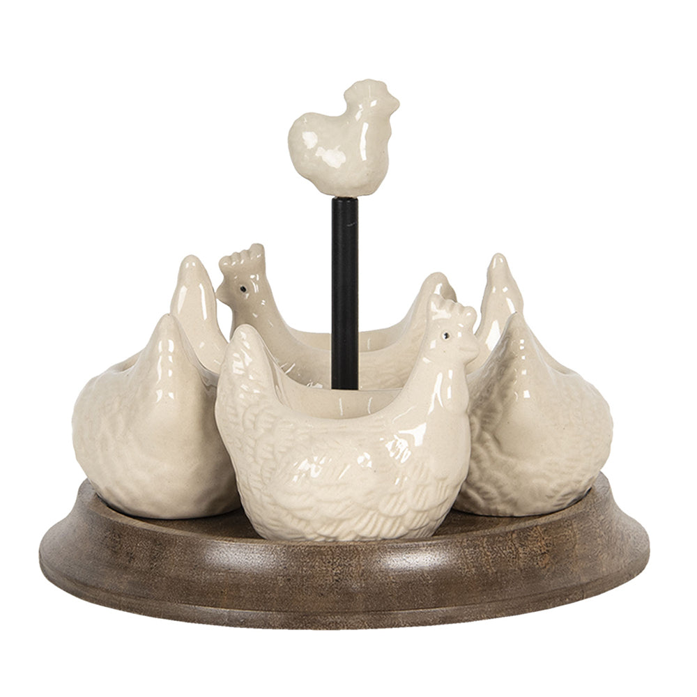 Clayre & Eef Eierdopje Set van 4 Kip Ø 19x16 cm Beige Keramiek