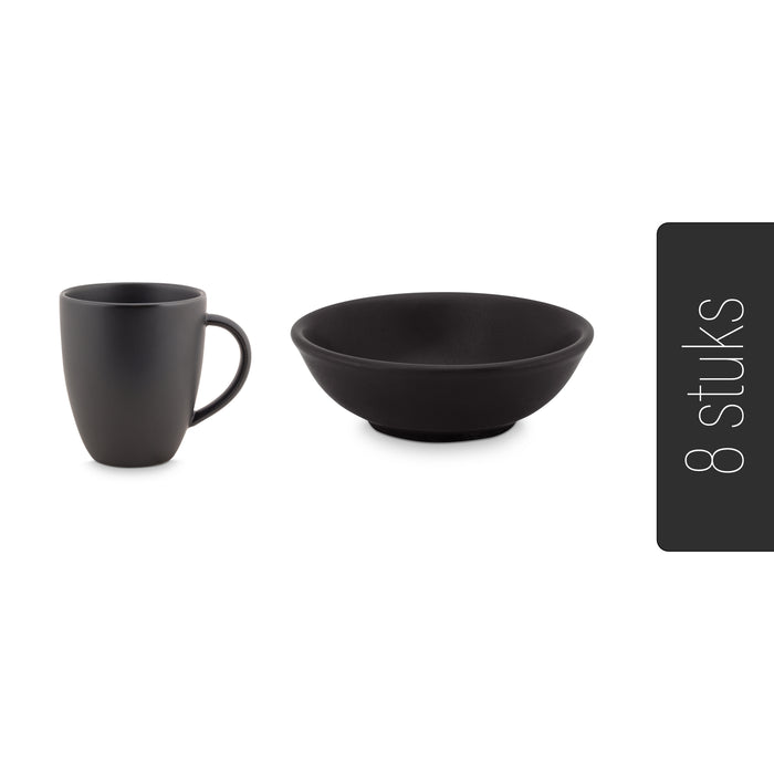 vtwonen Mok met oor en Theetipjes - Set van 4 - Mat zwart - Porselein