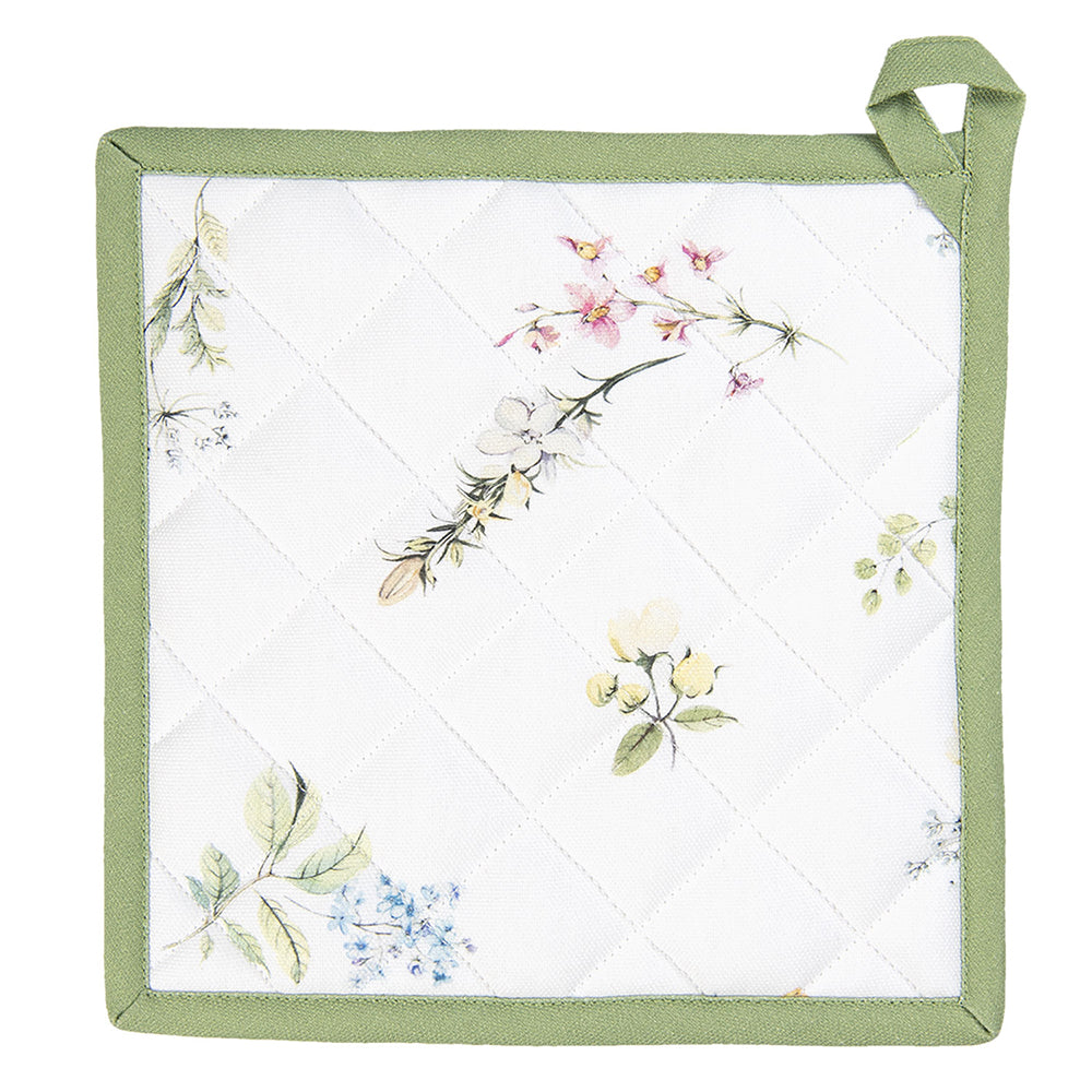 Clayre & Eef Pannenlap  20x20 cm Wit Groen Katoen Vierkant Bloemen