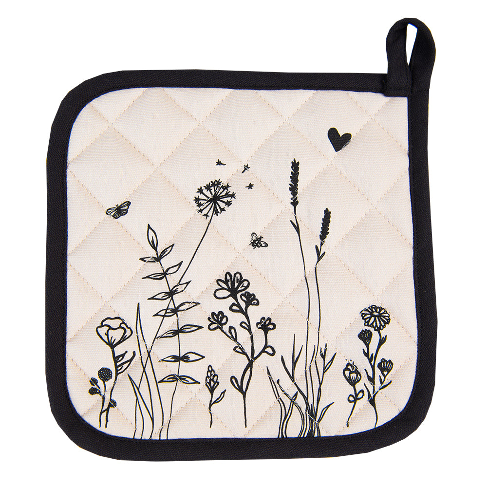 Clayre & Eef Pannenlap 20x20 cm Beige Zwart Katoen Bloemen