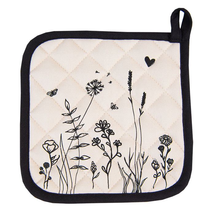 Clayre & Eef Pannenlap 20x20 cm Beige Zwart Katoen Bloemen