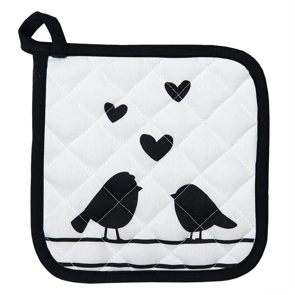 Clayre & Eef Kind pannenlap  16x16 cm Wit Zwart Katoen Harten Vogels