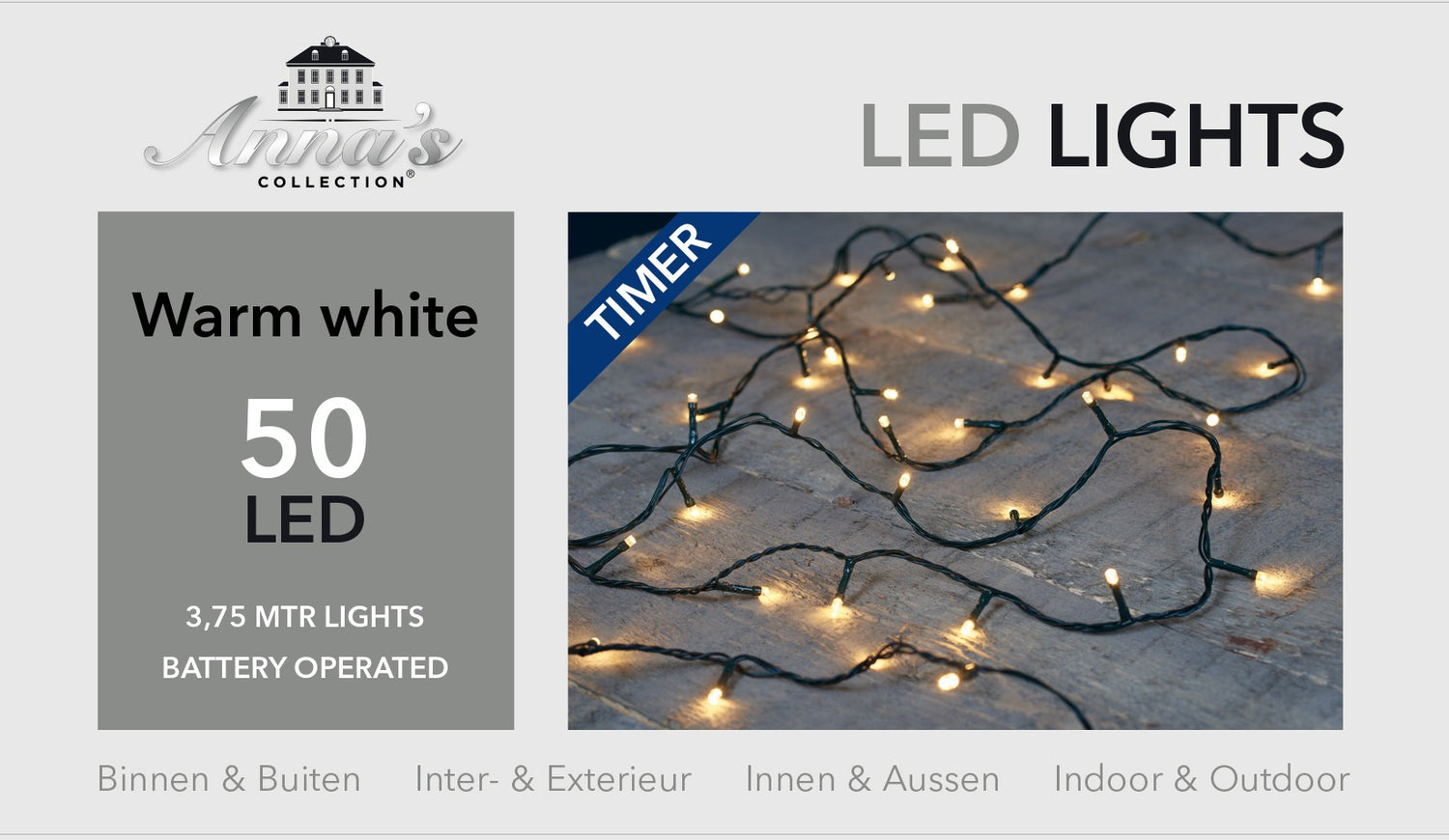Anna's Collection 3 stuks Lichtsnoer zwart op batterijen 50 lampjes