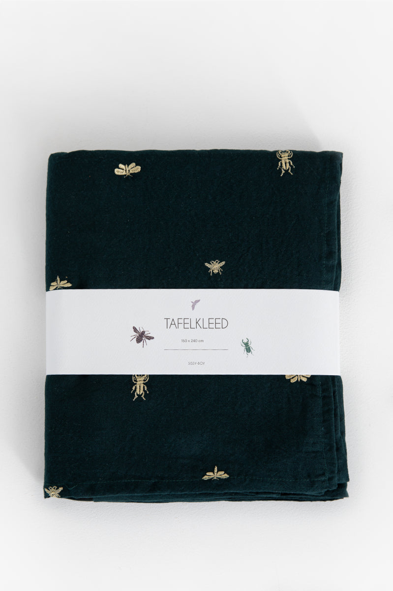Sissy-Boy Donkergroen tafelkleed met insecten embroidery