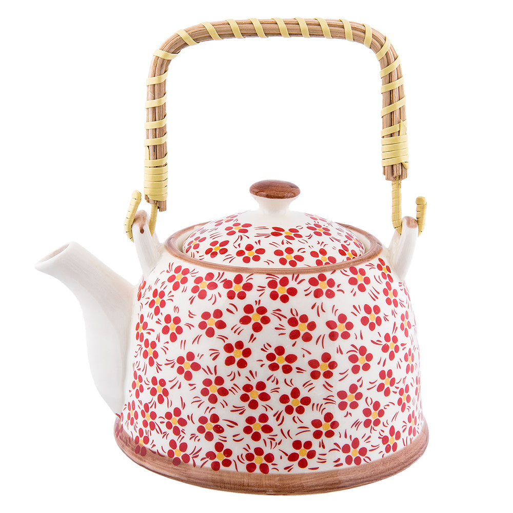 Clayre & Eef Theepot met Filter 700 ml Rood Keramiek Bloemen