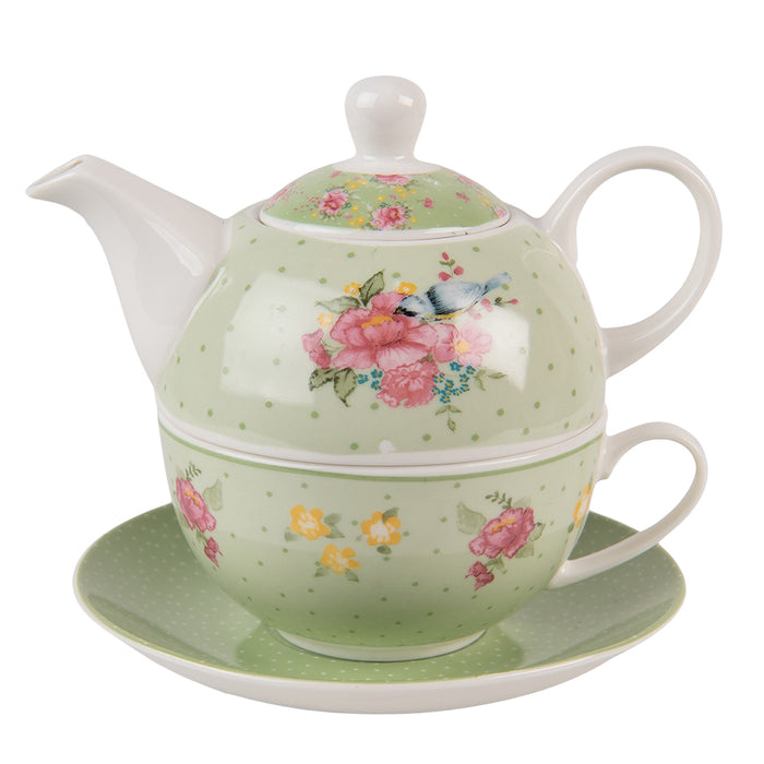 Clayre & Eef Tea for One  460 ml Groen Beige Porselein Bloemen Theepot