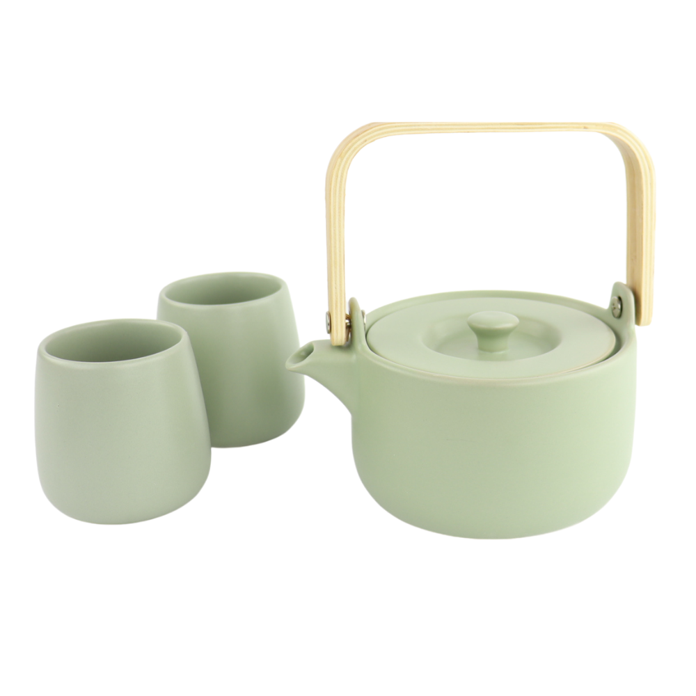 Orange85 Theepot Mint 50cl met 2 Kopjes Aardewerk Bamboe