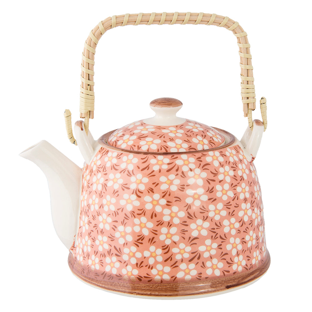 Clayre & Eef Theepot met Filter 700 ml Roze Keramiek Bloemen