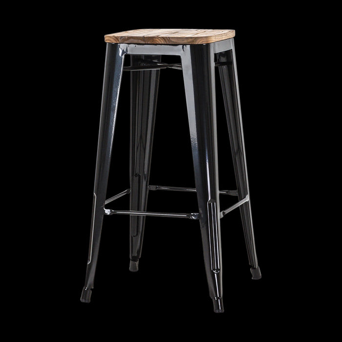 Legend Metalen barkruk zwart - met houten zitting - 77 cm