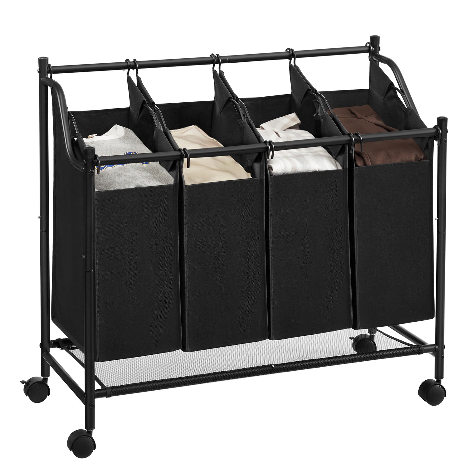 Mobiele wasmand - 4 vakken van elk 35 liter - 81 x 88 x 39 cm - zwart