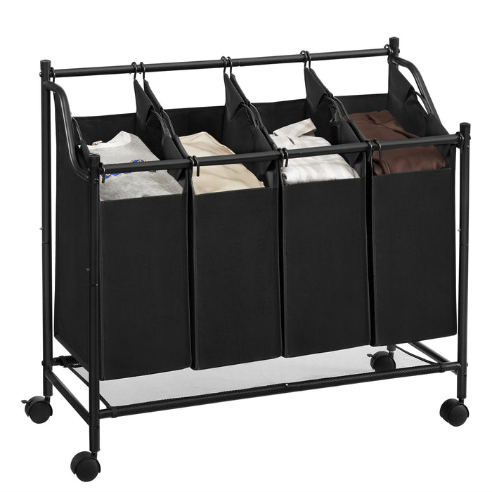 Mobiele wasmand - 4 vakken van elk 35 liter - 81 x 88 x 39 cm - zwart