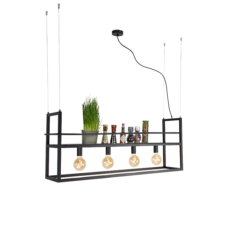 QAZQA Industriële hanglamp zwart met rek large 4-lichts - Cage Rack
