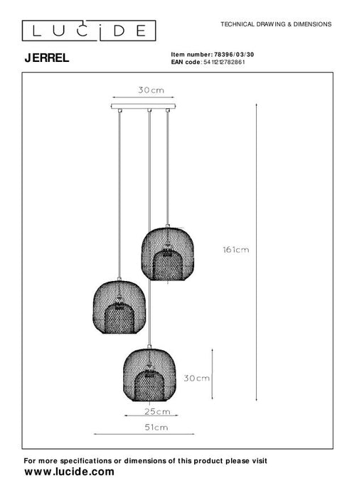 Lucide JERREL Hanglamp 3xE27 - Zwart