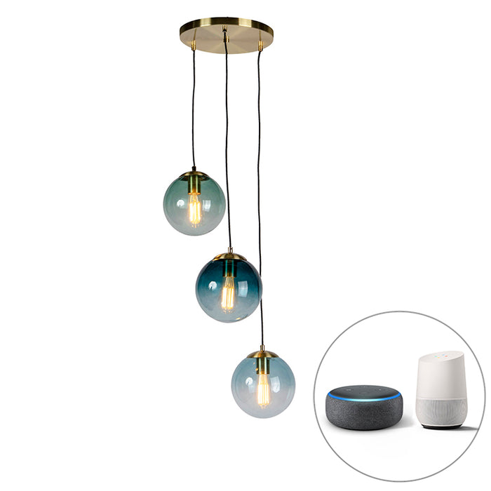 QAZQA Smart hanglamp messing incl. 3 WiFi ST64 met blauw glas -