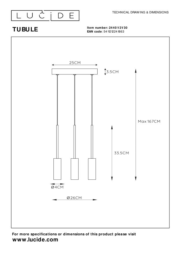Lucide TUBULE Hanglamp - Zwart