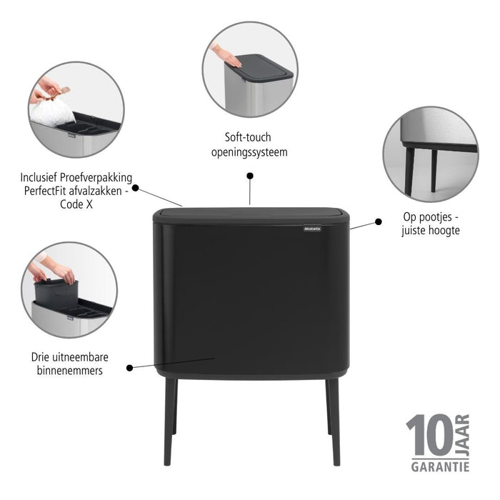 Brabantia Bo Touch Bin Afvalemmer 3 x 11 L  - Zwart