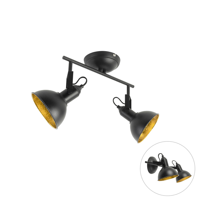 QAZQA Industriële spot zwart met goud 2-lichts - Tommy