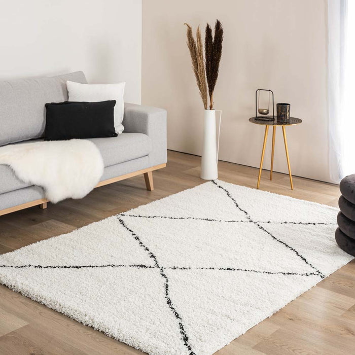 Boho&me Hoogpolig vloerkleed ruit Artisan - wit|zwart - 140x200 cm