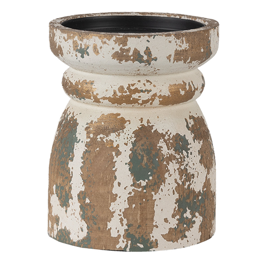 Clayre & Eef Kandelaar  Ø 12x15 cm Bruin Wit Hout Kaarsenstandaard