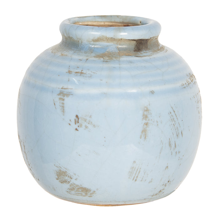 Clayre & Eef Vaas 8 cm Blauw Keramiek Rond Bloempot Binnen Pot