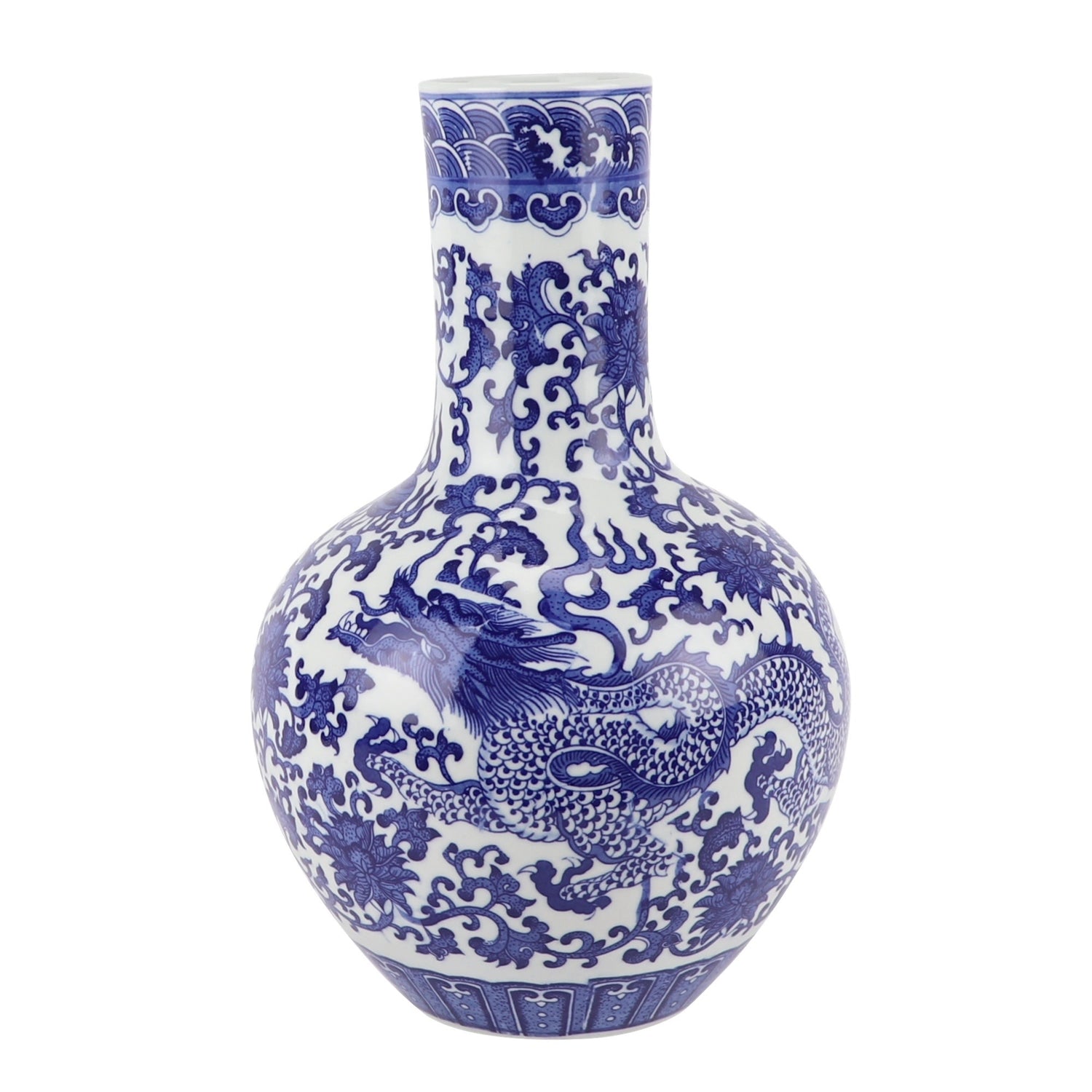 Fine Asianliving Chinese Vaas Blauw Wit Porselein Draak D22xH34cm