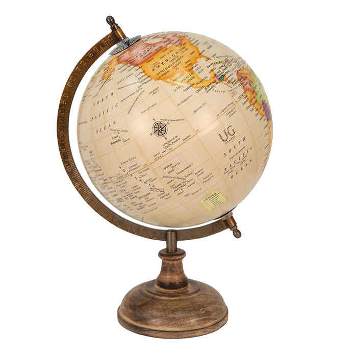 Clayre & Eef Wereldbol  22x37 cm Beige Bruin Hout Ijzer Rond Globe