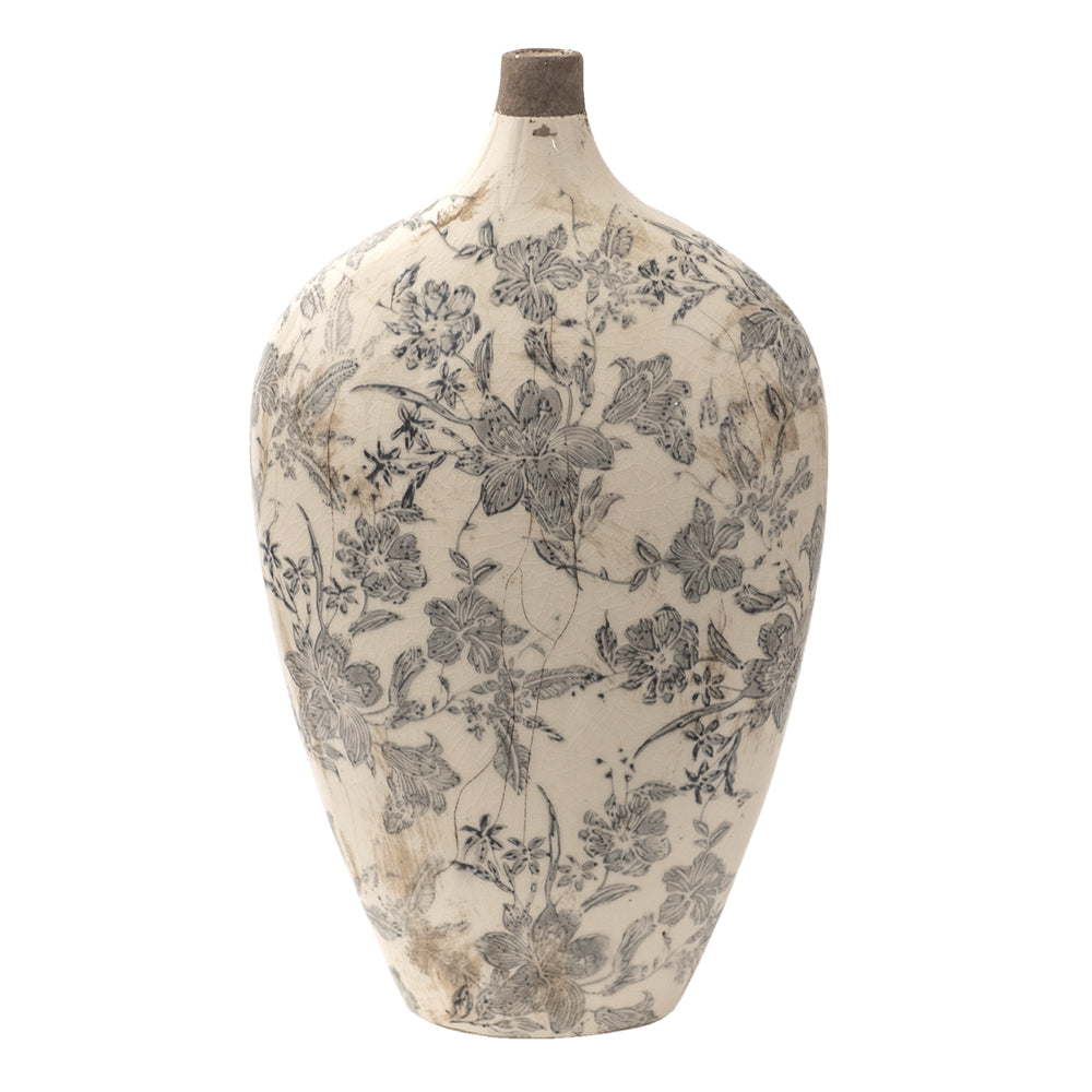 Clayre & Eef Vaas 19x10x33 cm Grijs Beige Keramiek Bloemen Decoratie