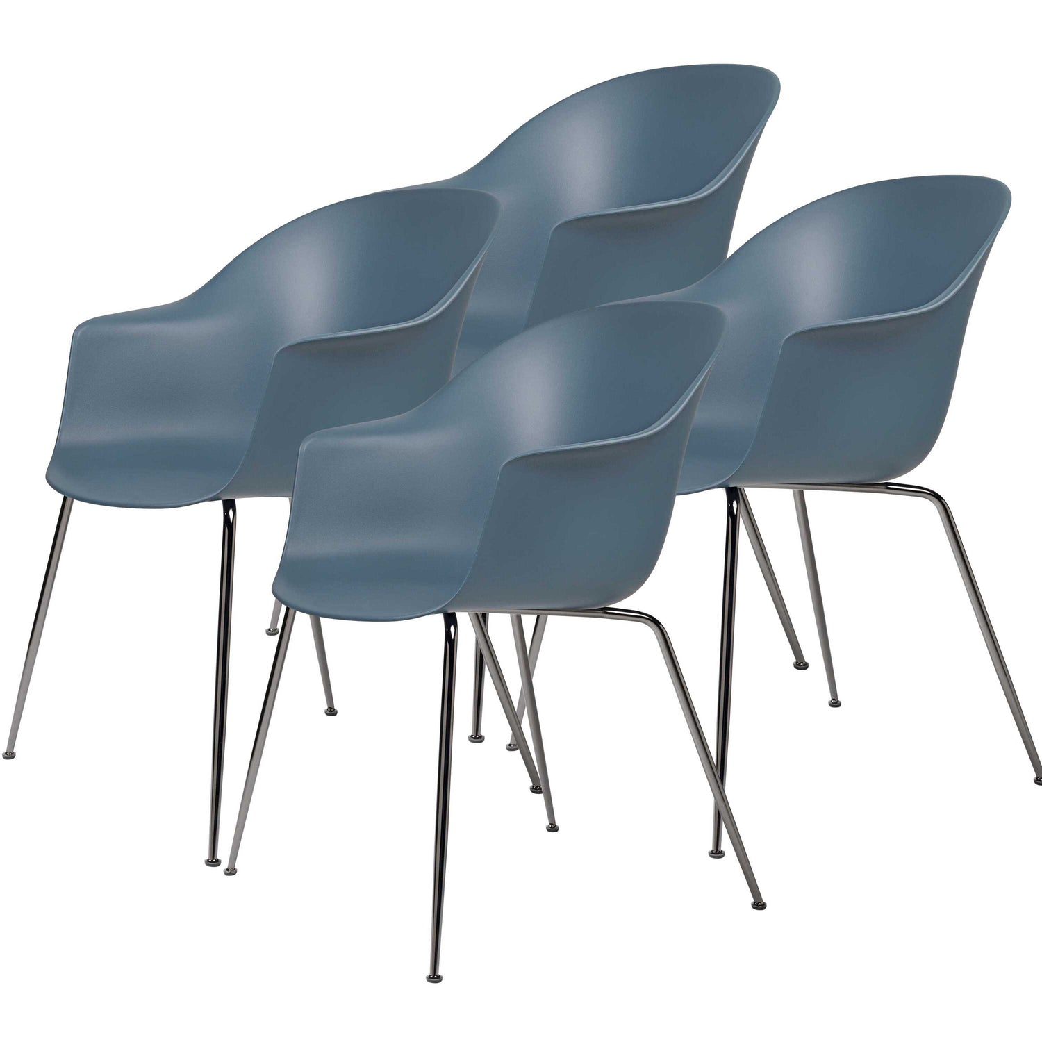 Gubi Bat Dining Conic stoel,black chrome base (set van 4) Smoke Blue