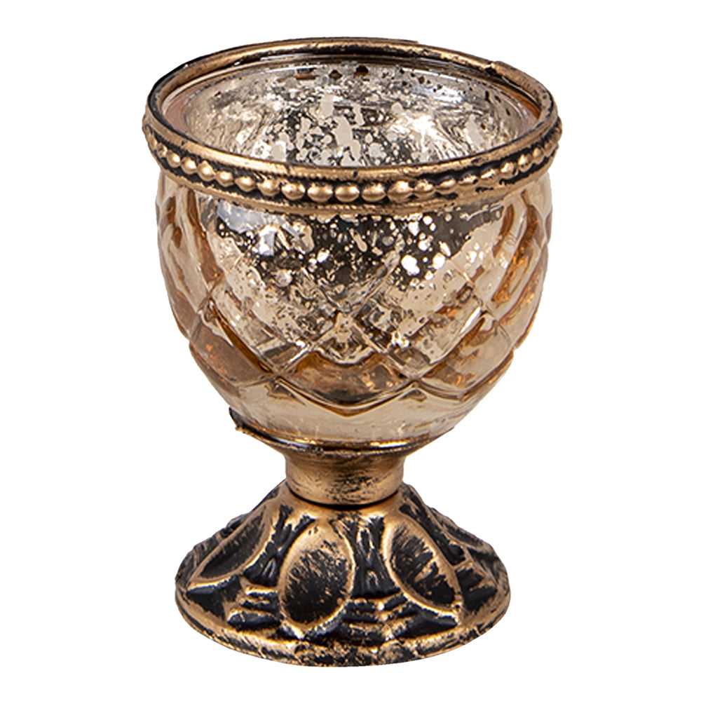 Clayre & Eef Theelichthouder Ø 6x8 cm Goudkleurig Glas Metaal Rond