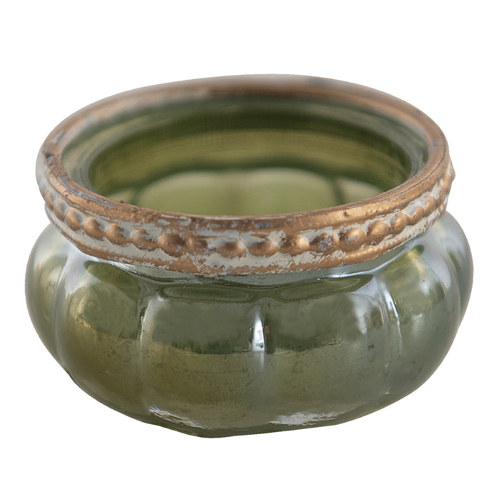 Clayre & Eef Theelichthouder Ø 6x4 cm Groen Goudkleurig Glas Metaal