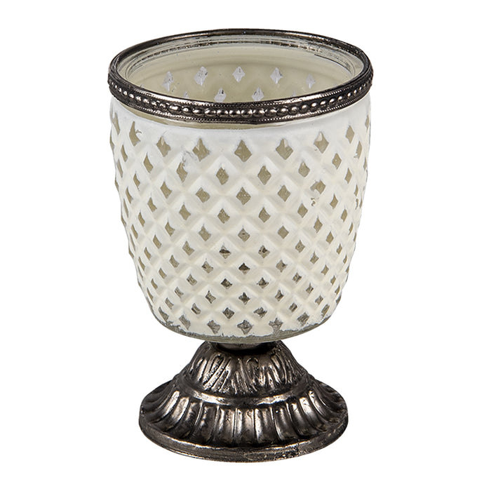 Clayre & Eef Theelichthouder  Ø 9x13 cm Wit Glas Metaal Rond