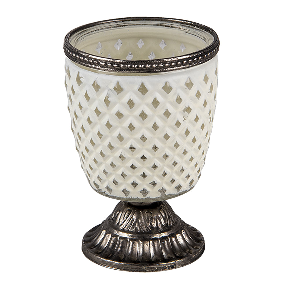 Clayre & Eef Theelichthouder  Ø 9x13 cm Wit Glas Metaal Rond