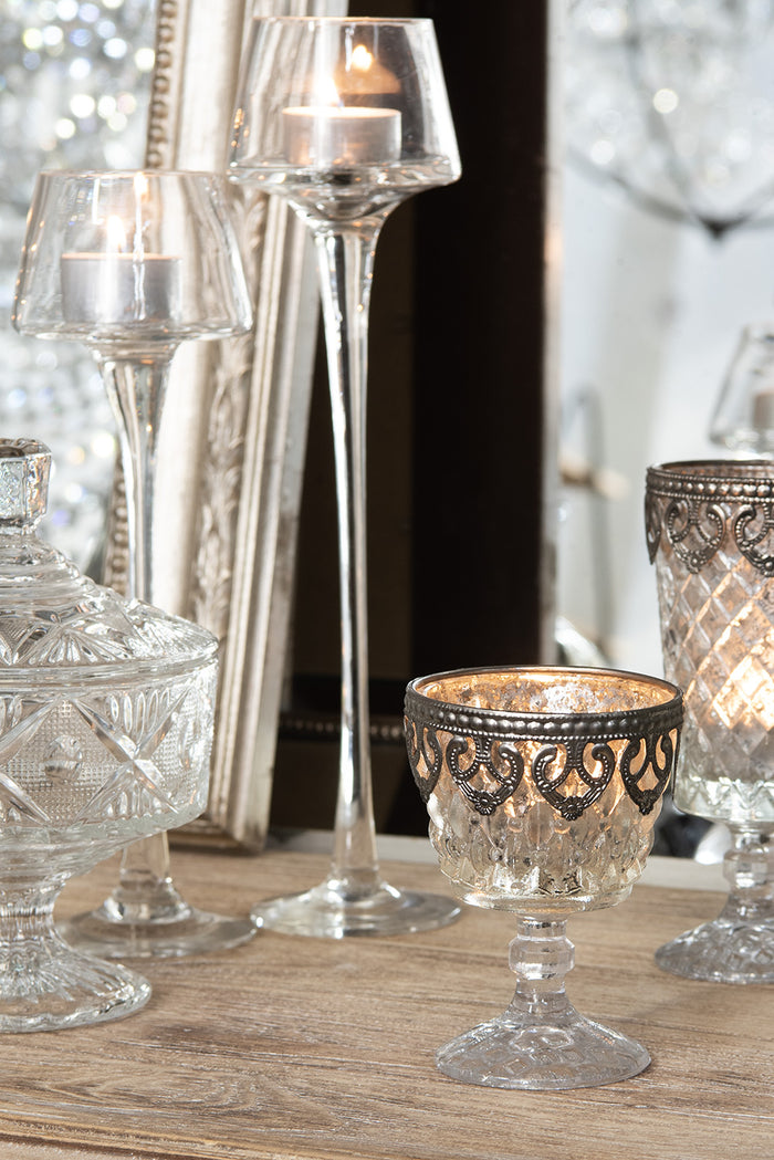 Clayre & Eef Theelichthouder  Ø 8x11 cm Zilverkleurig Glas Metaal